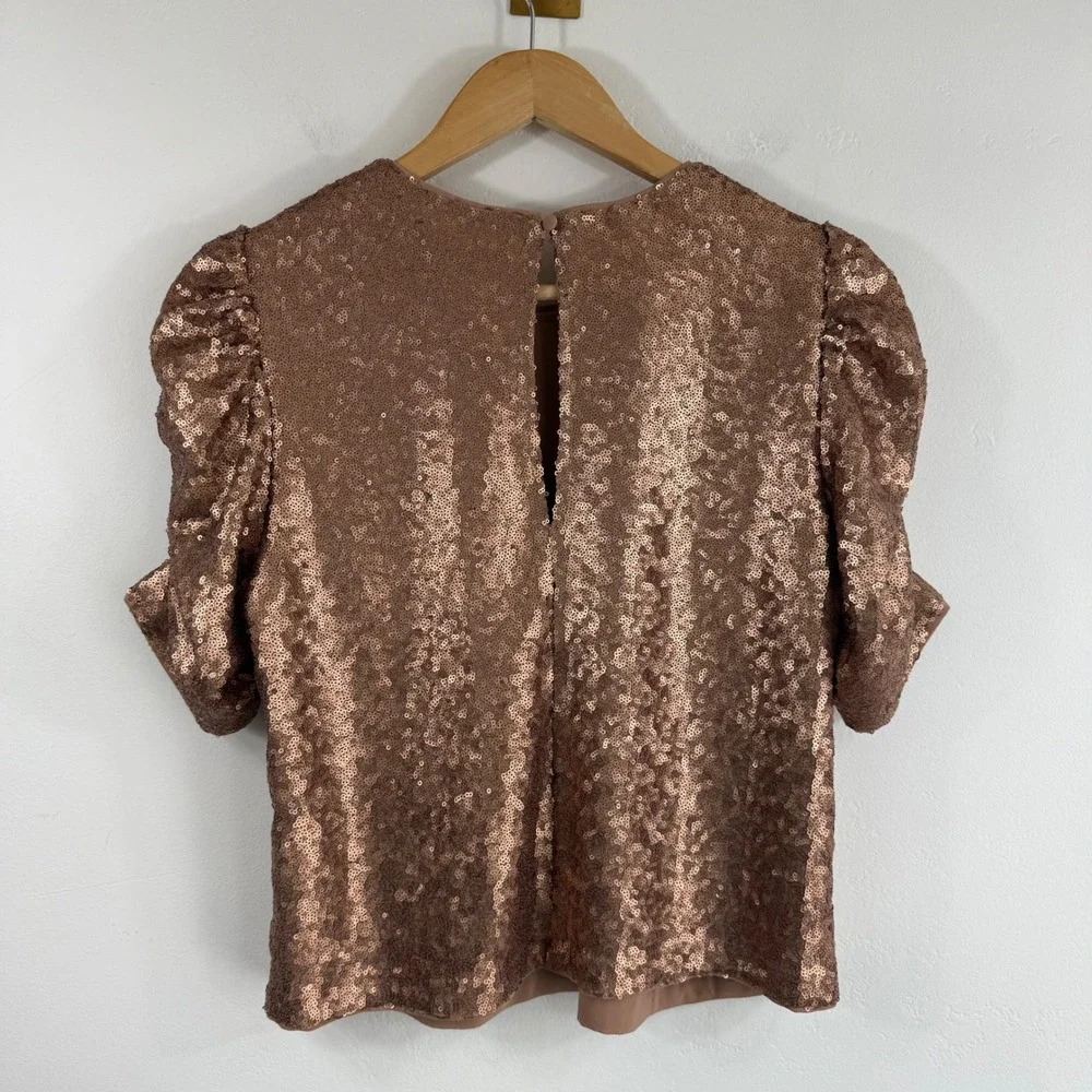 Abercrombie & Fitch Sequin Puff Sleeve Top Small Rose Gold Holiday Party Glam